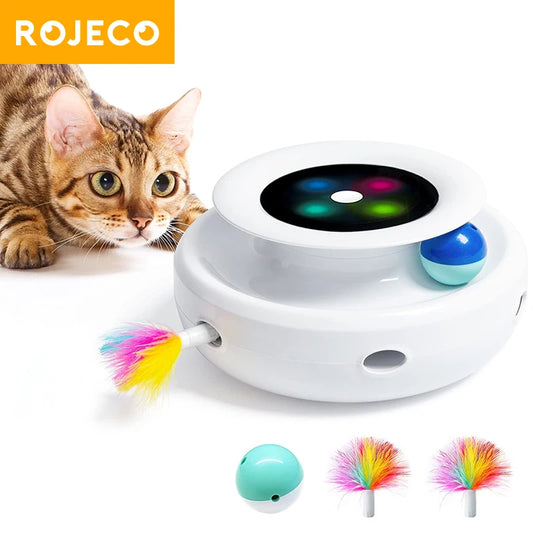 ROJECO 2-in-1-Smart-Katzenspielzeug, automatisches Feder-Spaß-Ballspielzeug-Set für Katzen und Hunde, 5 Modi, elektronisches interaktives Haustierspielzeug-Zubehör