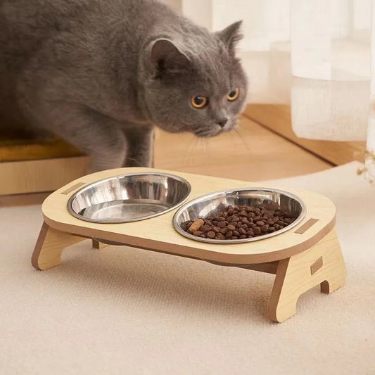 🐾 Premium Katzen-Doppelnapf mit Holzständer – Stylisches 2-in-1-Fütterungssystem für kleine & mittelgroße Katzen!